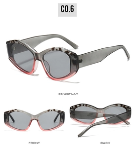 Drei Ansichten einer Sechseck-Sonnenbrille mit Leopardenmuster und grau-rosa Farbverlauf