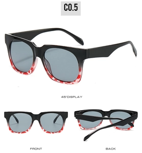 Three views of square sunglasses with black and red leopard print frame and dark lenses