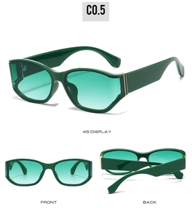 Three-way view of square dark green gradient sunglasses with thick full-frame design