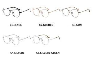 Matrix view of ultra-light titanium polygonal glasses frames in five distinct metal finishes