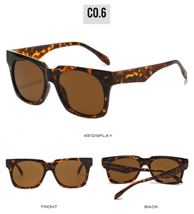 Three views of tortoiseshell square sunglasses with dark brown lenses and PC frame