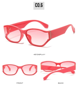 Detail view of pink square oversized sunglasses showing 45-degree, front and back angles