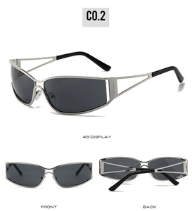Three views of Y2K wraparound sunglasses with silver cutout metal frame and grey lenses
