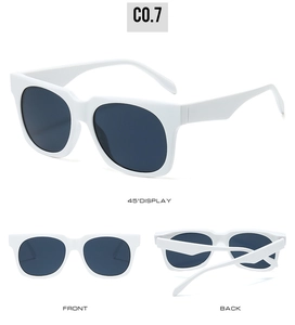 Three-angle view of white wide-frame square sunglasses with dark grey lenses