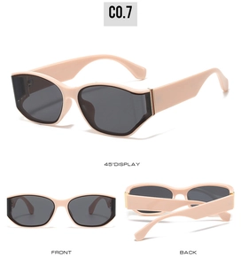 Three-view display of square pink sunglasses with dark grey lenses and wide temples