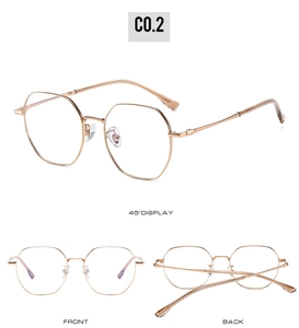 Three-angle view of rose gold lightweight titanium polygonal eyeglass frames with clear lenses