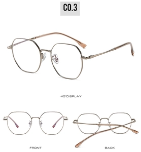 Three-way view of lightweight polygonal titanium glasses frame in rose gold metal