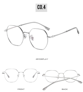 Three-angle view of silver polygon ultra-light titanium glasses frames with adjustable pads