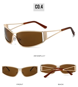 Detailed views of gold Y2K hollow frame sports sunglasses with dark brown lenses