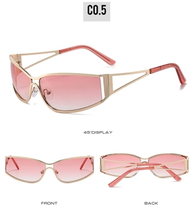 Detailed views of gold Y2K sunglasses with hollow geometric temples and pink gradient lenses