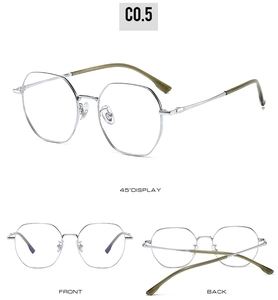 Three-way view of silver titanium vintage hexagonal frames with olive green temples