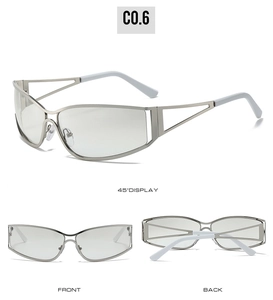 Y2K futuristic silver hollow sunglasses shown in front, back, and 45-degree views