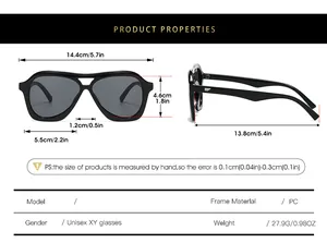 Detailed size chart for retro pilot sunglasses showing frame width and lens dimensions