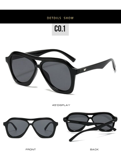 Three views of black oversized pilot sunglasses featuring silver wing-shaped metal temple details