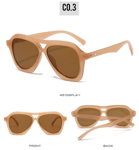 Detailed views of vintage pilot sunglasses with peach frames and dark brown lenses