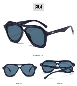 Three-view display of vintage pilot sunglasses with dark blue frames and silver studs