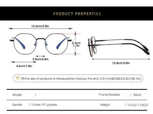 Detailed size chart of ultralight titanium polygonal glasses frames with measurements