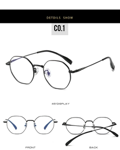 Three-view display of black polygonal titanium glasses frames showing front and back angles