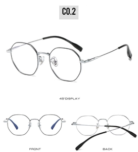 Multiple views of silver titanium polygonal eyeglass frames with black temple tips
