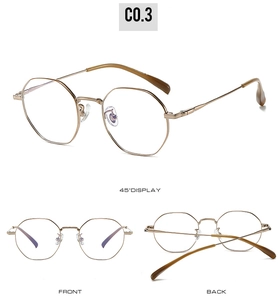 Detailed multi-angle view of ultra-light polygonal titanium glasses frames in gold finish