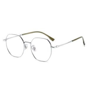 Ultralight silver octagonal titanium eyeglasses frame with olive green temple tips