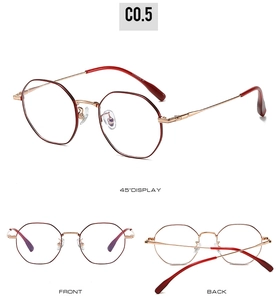Detail of polygonal titanium eyeglass frames in deep red and rose gold finish