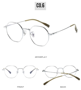Macro view of silver titanium polygonal frames showing front and back optical details