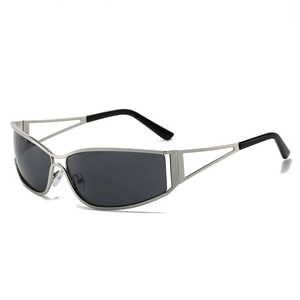 Retro Y2K hollow frame silver sunglasses with dark gray lenses for street style fashion