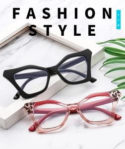 Detailed view of oversized cat-eye glasses frames in black and pink leopard patterns