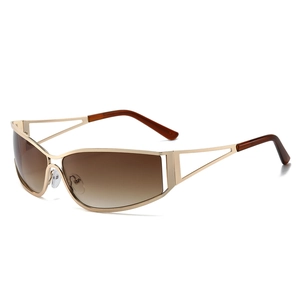 Futuristic Y2K sunglasses featuring hollow gold metal frames and brown gradient lenses