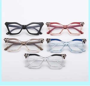 Macro display of five colored cat eye glasses with stylish leopard print temple accents