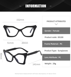 Detailed view of oversized cat-eye eyewear frame with precise dimensions and PC material
