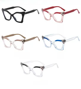 Macro detail of various color options for cat eye glasses frames with leopard accents