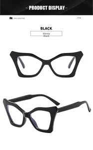 Detail of oversized black cat-eye glasses frame with polished geometric edges and front view