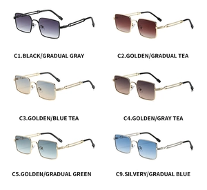 Six colors of square sunglasses with hollow chain metal temples and gradient lenses