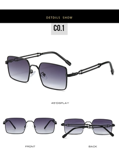 Detailed views of black rectangular sunglasses with purple gradient lenses and textured arms