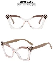 Detail of transparent champagne cat eye glasses frames with leopard print accents