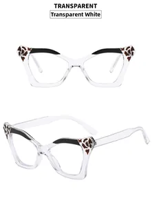 Detail of transparent cat-eye frames with black accents and leopard print on corners