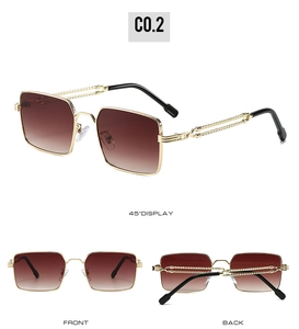 Three angles of retro square metal sunglasses with gold braided temples and brown lenses