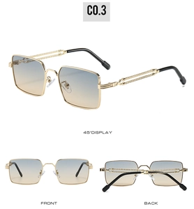 Square metal sunglasses with twisted rope temples and blue-to-yellow gradient lenses