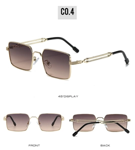 Detail view of square metal sunglasses featuring woven spiral temples and gradient lenses