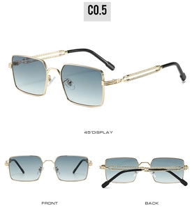 Detail of square sunglasses with gold metal twisted rope temples and gradient blue lenses