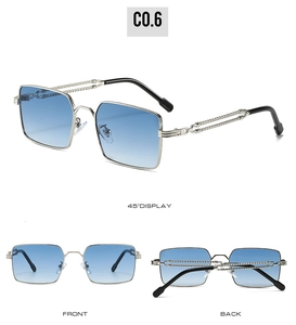 Three views of square silver metal sunglasses with gradient blue lenses and woven arms