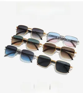 Detail view of square metal frame sunglasses with leopard print temples in various colors