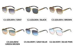 Matrix view showing various lens colors and embossed metal temples of rectangle sunglasses
