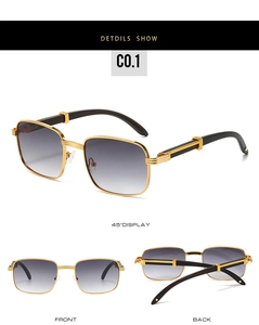 Detail view of retro square sunglasses with wood grain temples and C-shape metal hardware