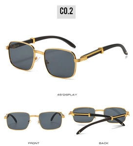 Detailed multi-angle view of wood grain rectangle sunglasses with gold metal frame