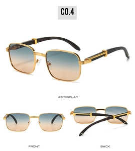 Three-angle display of square sunglasses with gold metal frame and gradient lenses