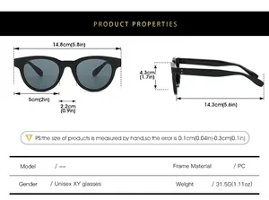 Detailed size chart for PC sunglasses showing frame dimensions and weight in centimeters