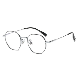 Modern ultralight polygonal titanium glasses frame with silver and black metallic finish